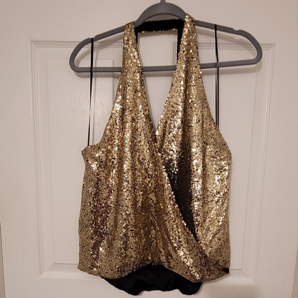 Lumiere Gold Sequin Halter Wrap Tank Top